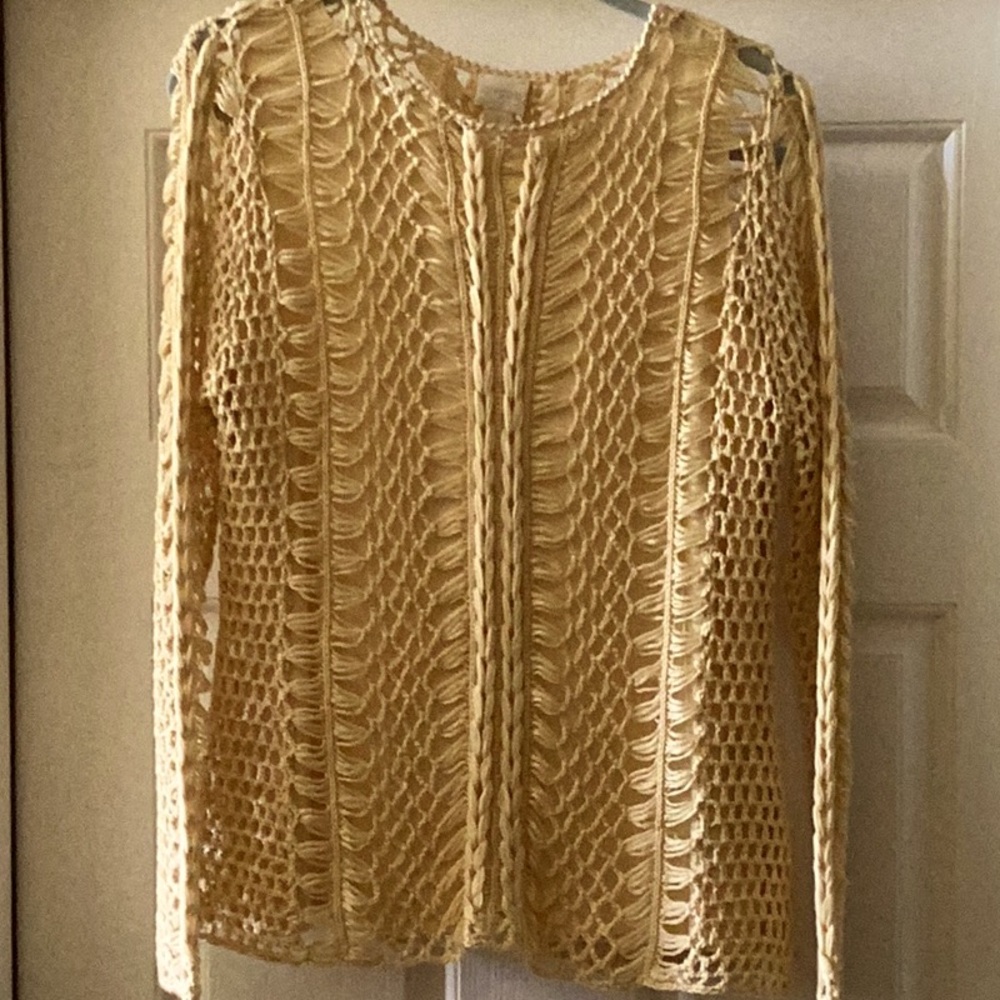 Yellow Crochet Long Sleeve Top. Chicos 1